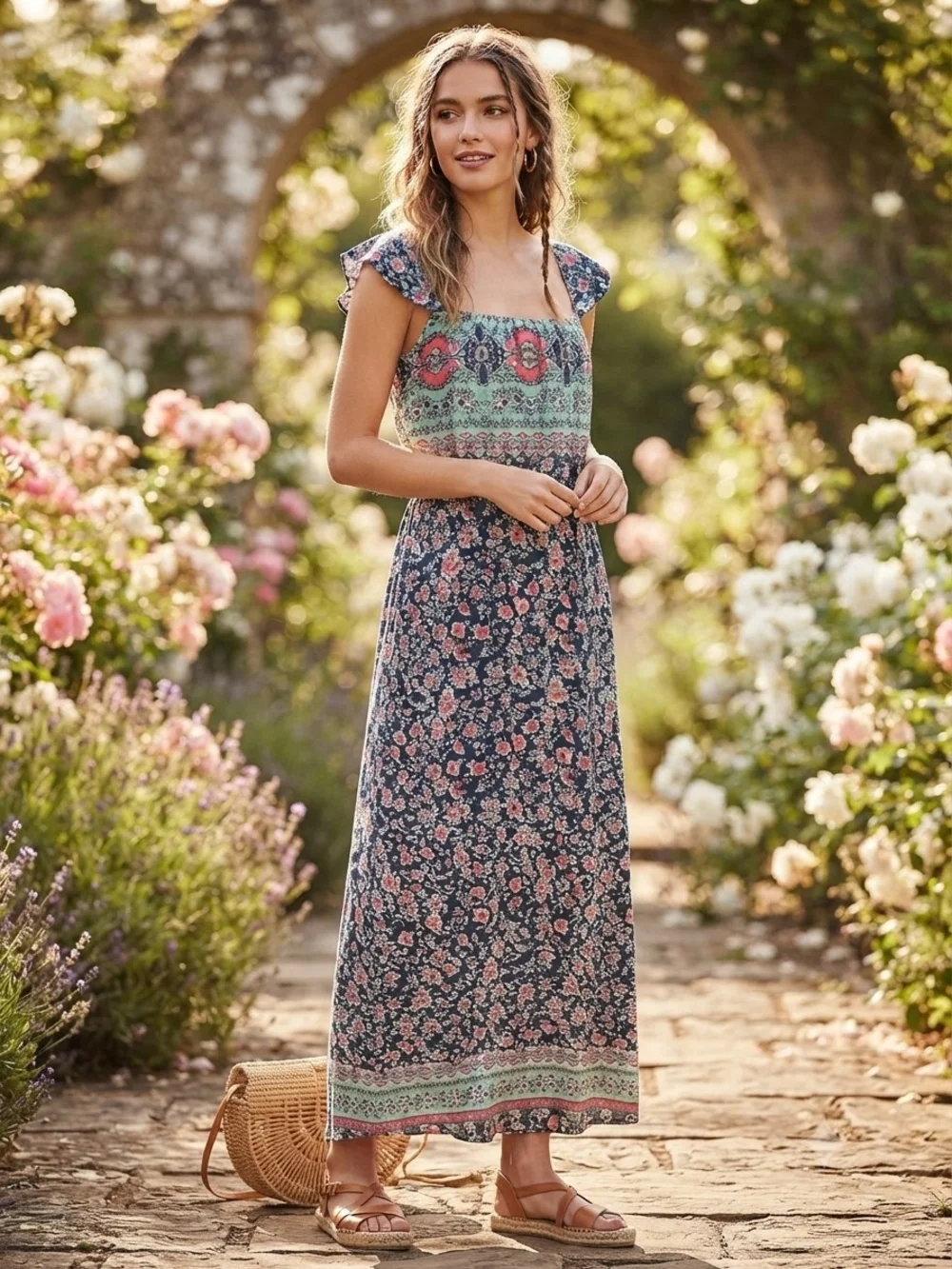 Rickis Navy Floral Maxi Dress with Mint Accent - Picture 3 of 16
